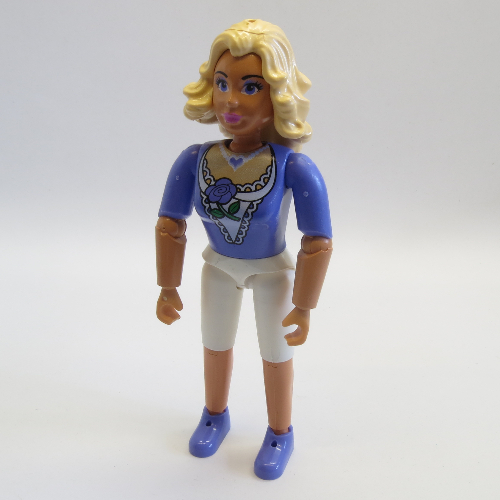 Lego Belville Figure Articulated Elbows, Female, Light Yellow Hair, White Shorts, Purple Shirt with Rose Print / Nougat