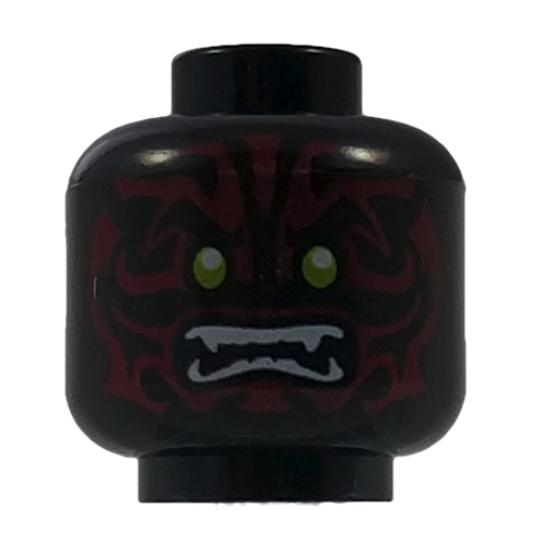 Lego Minifig Head Scout / Swordsman, Lime Eyes, White Fangs and Dark Red Face Decorations Print [Hollow Stud] / Black