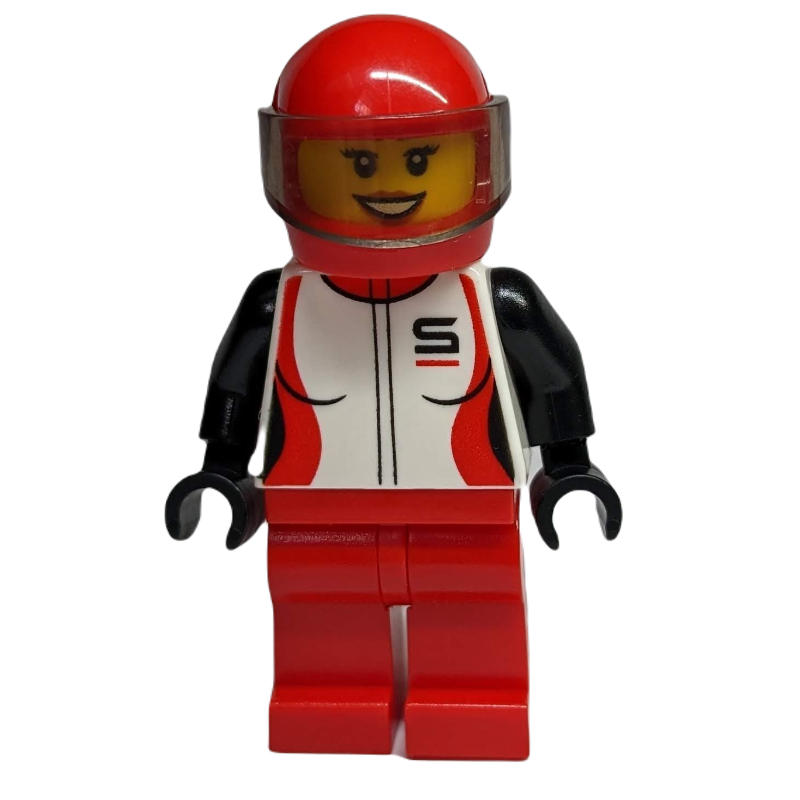 Lego Racer, Woman, Black, Red, and White Jacket, Red Legs, Red Helmet with Visor