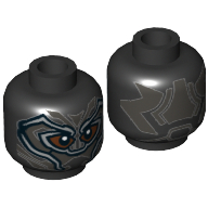 Lego Minifig Head Black Panther, Armor, Reddish Brown Around Eyes, Pearl Titanium Lines Print / Black