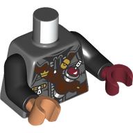 Lego Torso, Odd Hands, Reddish Brown Strap, Spray Can, Monkie Kid Logo print, Black Arms, Left Dark Red Hand, Right Nougat Hand / Dark Bluish Gray