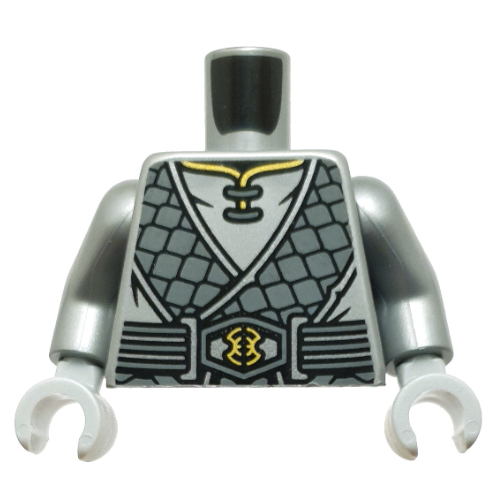 Lego Torso, Robe, Dark Bluish Grey Scales, Gold Buckle, Symbol on Back print, Flat Silver Arms, Light Bluish Gray Hands / Flat Silver